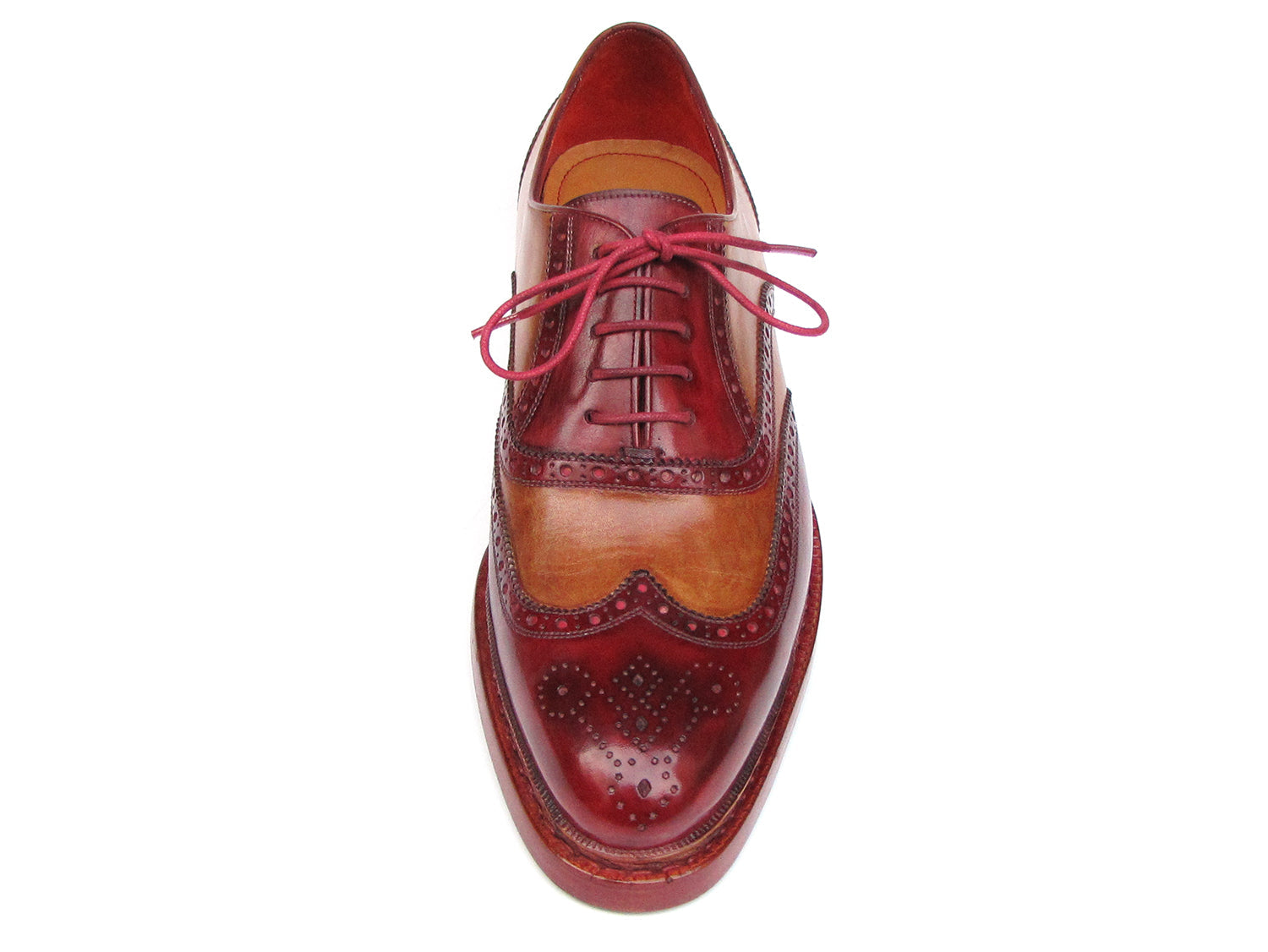The Paul Parkman Triple Leather Sole Wingtip Brogues in Bordeaux & Camel (027-TRP-CMLBRD) are men's brogues with hand-painted leather, brogue detailing, and red laces, shown from side and top views.