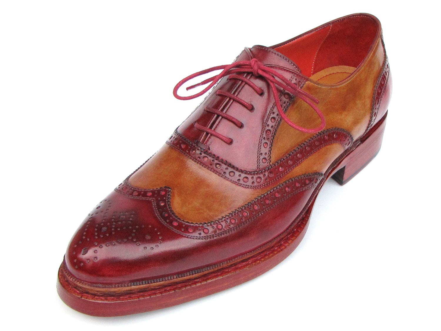 The Paul Parkman Triple Leather Sole Wingtip Brogues in Bordeaux & Camel (027-TRP-CMLBRD) are men's brogues with hand-painted leather, brogue detailing, and red laces, shown from side and top views.
