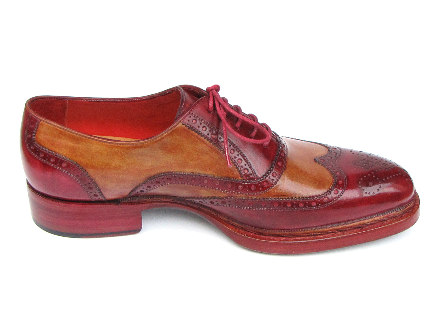 The Paul Parkman Triple Leather Sole Wingtip Brogues in Bordeaux & Camel (027-TRP-CMLBRD) are men's brogues with hand-painted leather, brogue detailing, and red laces, shown from side and top views.