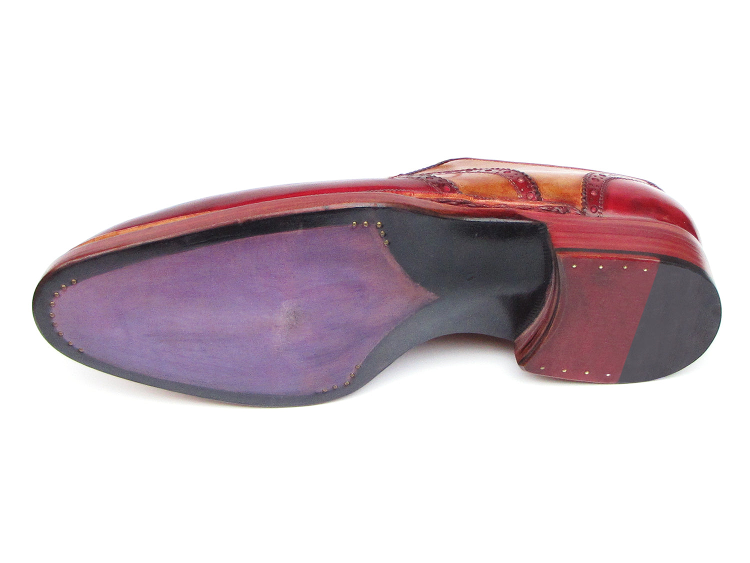 The Paul Parkman Triple Leather Sole Wingtip Brogues in Bordeaux & Camel (027-TRP-CMLBRD) are men's brogues with hand-painted leather, brogue detailing, and red laces, shown from side and top views.