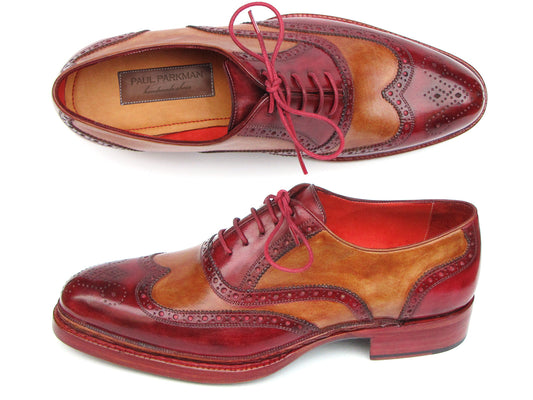 The Paul Parkman Triple Leather Sole Wingtip Brogues in Bordeaux & Camel (027-TRP-CMLBRD) are men's brogues with hand-painted leather, brogue detailing, and red laces, shown from side and top views.