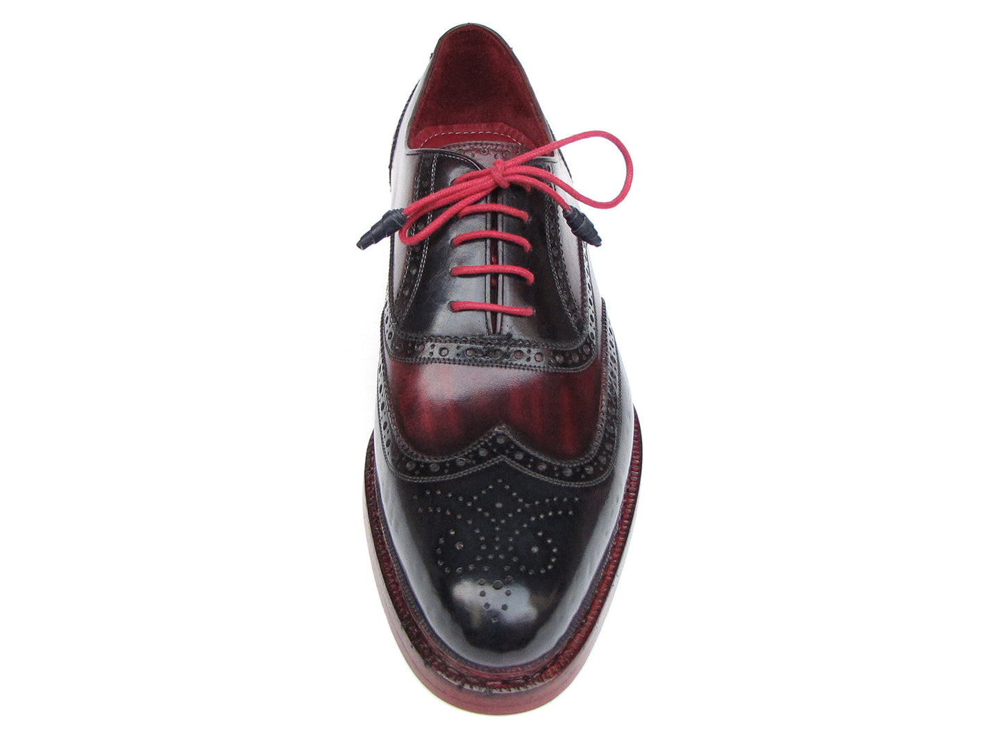 Paul Parkman Triple Leather Sole Wingtip Brogues in navy and red, featuring intricate brogue detailing, bold red interior lining, and stylish red laces.