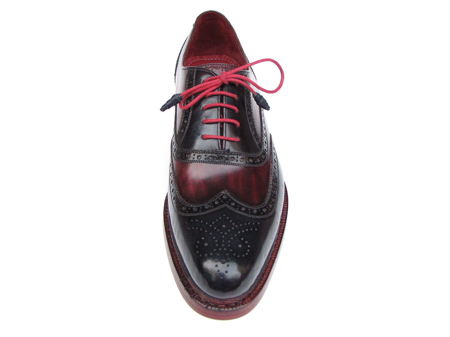 Paul Parkman Triple Leather Sole Wingtip Brogues in navy and red, featuring intricate brogue detailing, bold red interior lining, and stylish red laces.