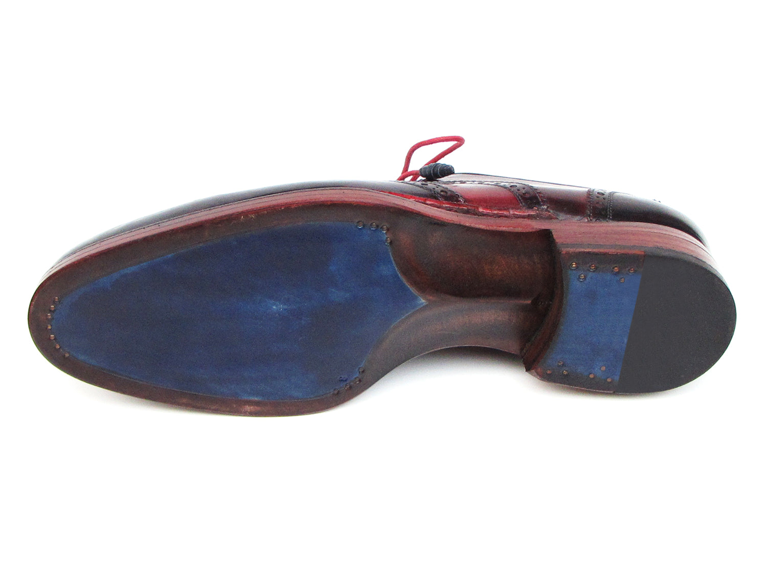 Paul Parkman Triple Leather Sole Wingtip Brogues in navy and red, featuring intricate brogue detailing, bold red interior lining, and stylish red laces.