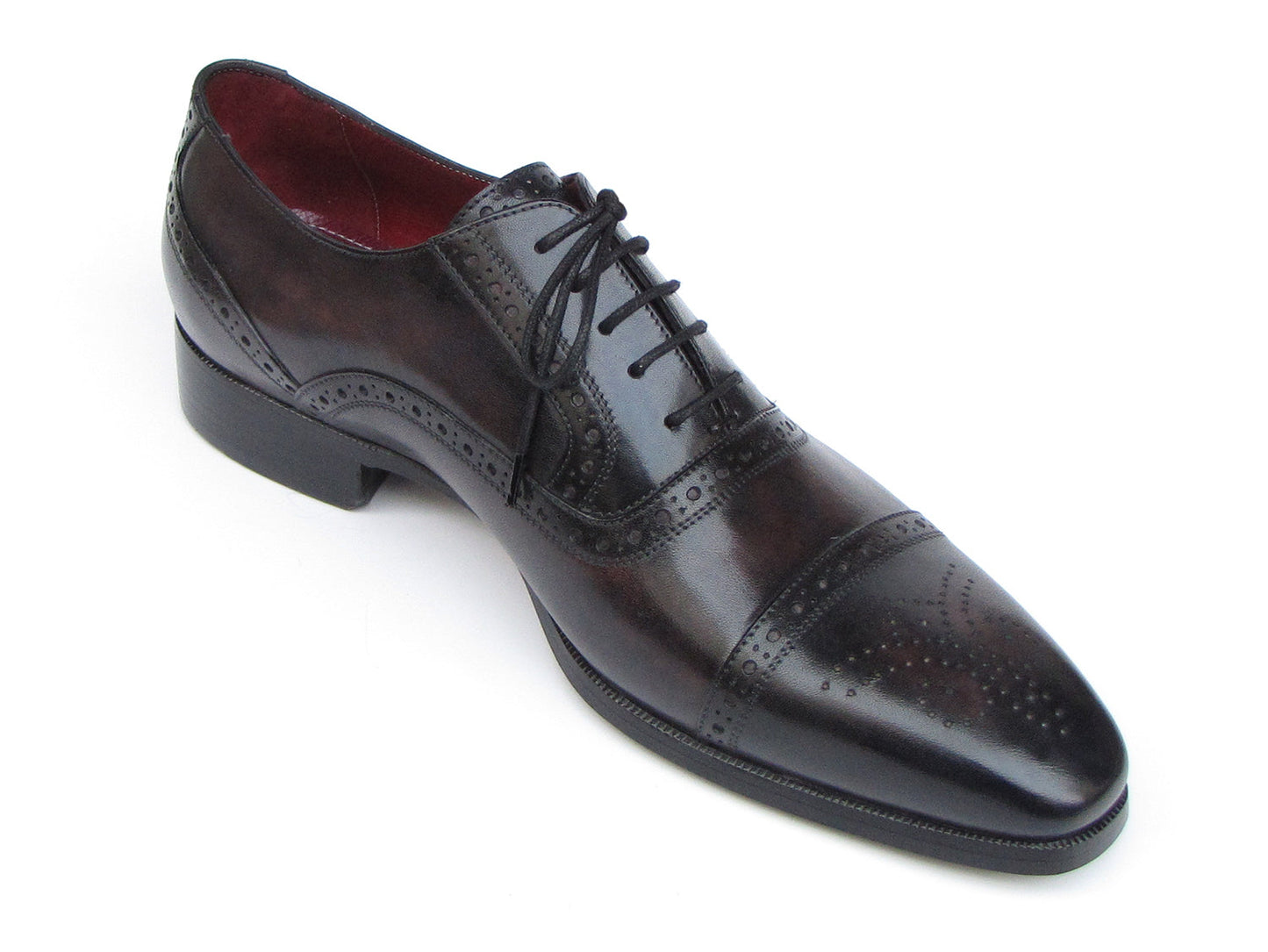 Paul Parkman Captoe Oxfords Bronze & Black Shoes - 77U844. Men’s handmade shoes with exquisite hand-painted leather, brogue detail, red interior lining, and black laces. Shown in top and side views. Brand: Paul Parkman.