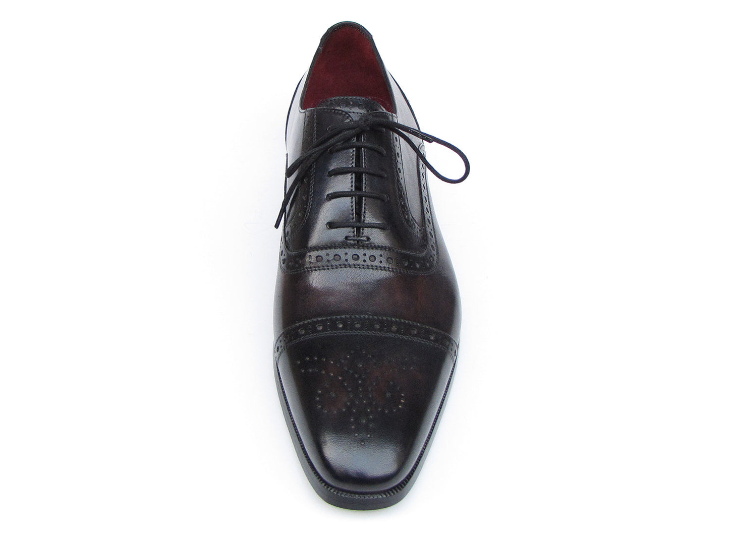 Paul Parkman Captoe Oxfords Bronze & Black Shoes - 77U844. Men’s handmade shoes with exquisite hand-painted leather, brogue detail, red interior lining, and black laces. Shown in top and side views. Brand: Paul Parkman.