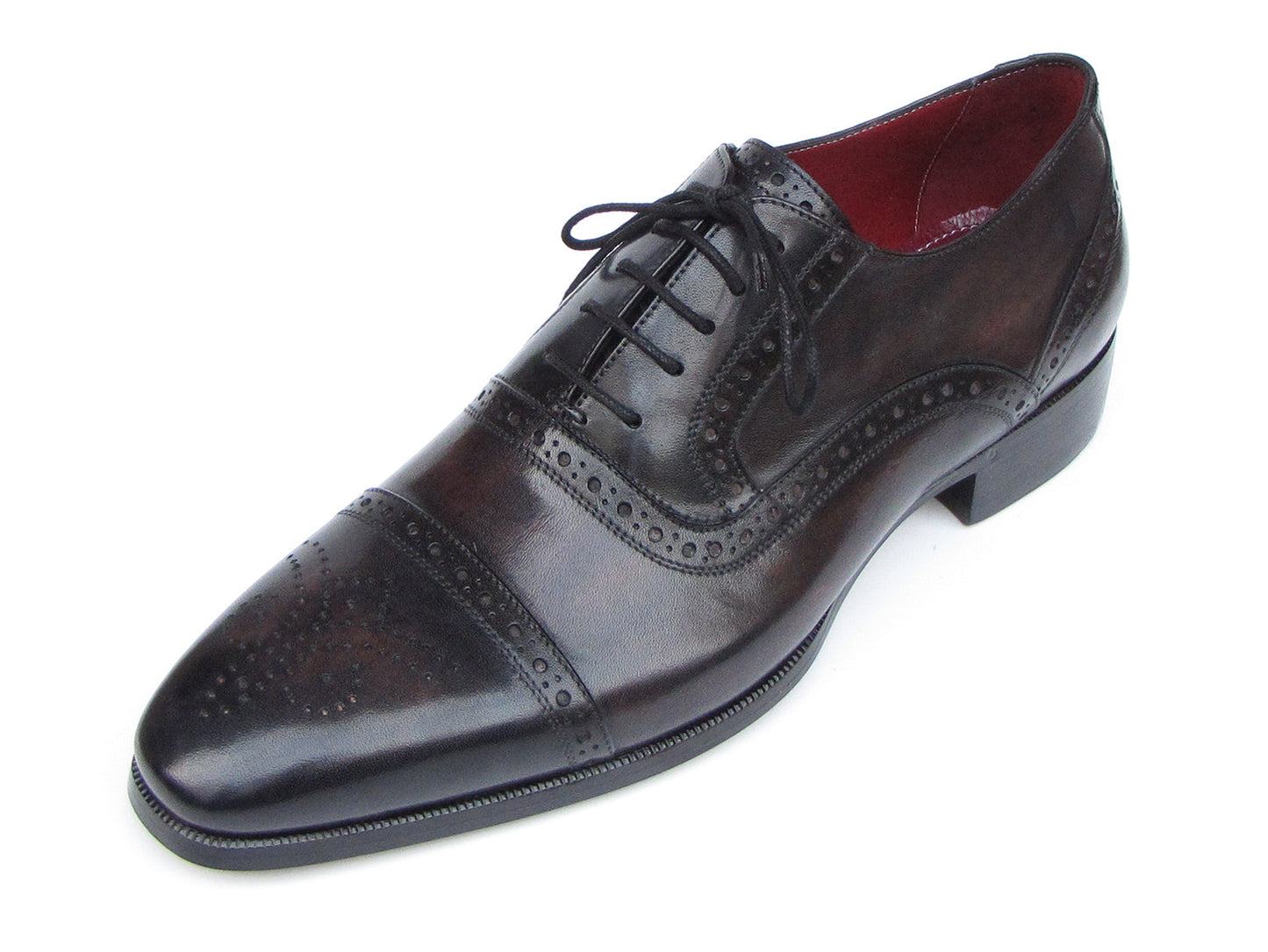 Paul Parkman Captoe Oxfords Bronze & Black Shoes - 77U844. Men’s handmade shoes with exquisite hand-painted leather, brogue detail, red interior lining, and black laces. Shown in top and side views. Brand: Paul Parkman.