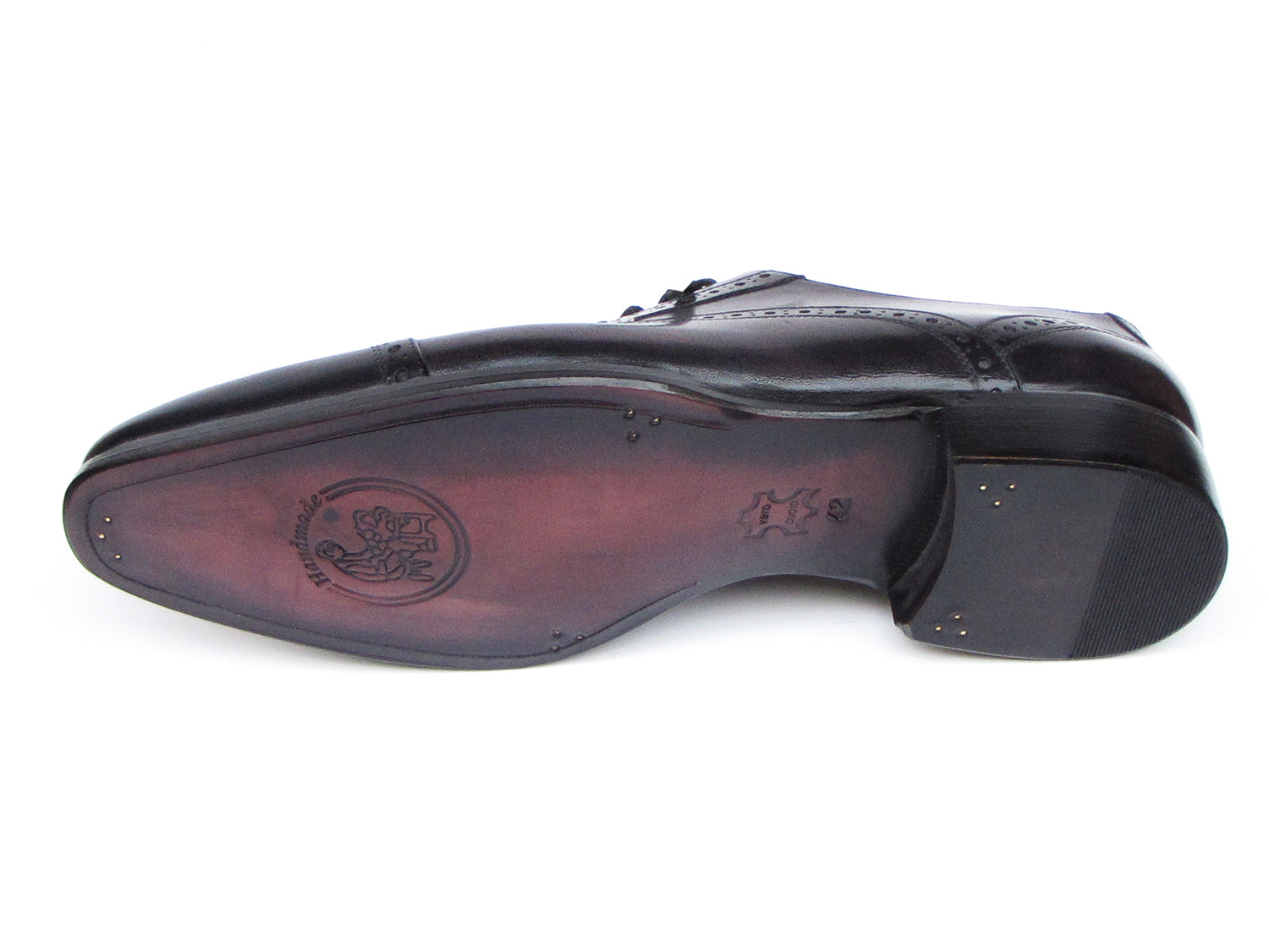 Paul Parkman Captoe Oxfords Bronze & Black Shoes - 77U844. Men’s handmade shoes with exquisite hand-painted leather, brogue detail, red interior lining, and black laces. Shown in top and side views. Brand: Paul Parkman.