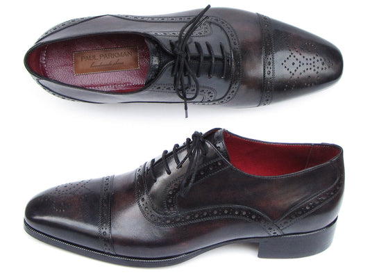 Paul Parkman Captoe Oxfords Bronze & Black Shoes - 77U844. Men’s handmade shoes with exquisite hand-painted leather, brogue detail, red interior lining, and black laces. Shown in top and side views. Brand: Paul Parkman.