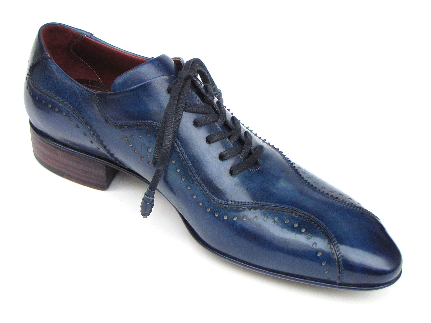 Paul Parkman Handmade Lace-Up Casual Shoes Blue - 84654-BLU: Elegant blue oxfords with brogue detailing, dark laces, and wooden heels, crafted from hand-painted Italian calfskin leather.