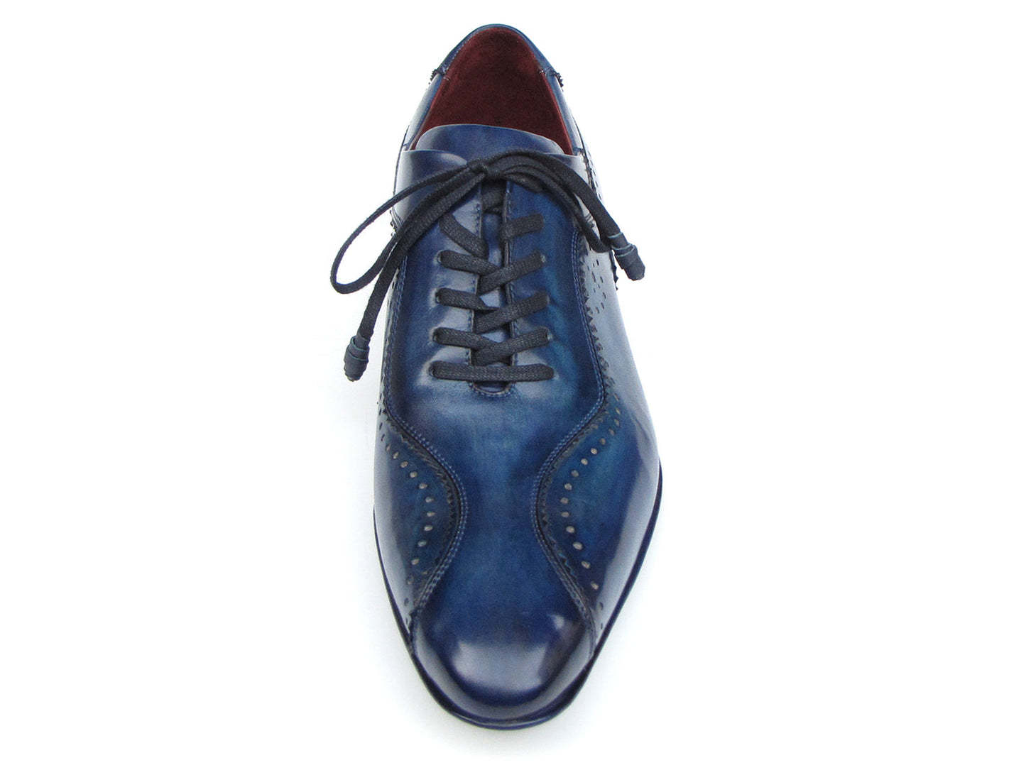 Paul Parkman Handmade Lace-Up Casual Shoes Blue - 84654-BLU: Elegant blue oxfords with brogue detailing, dark laces, and wooden heels, crafted from hand-painted Italian calfskin leather.