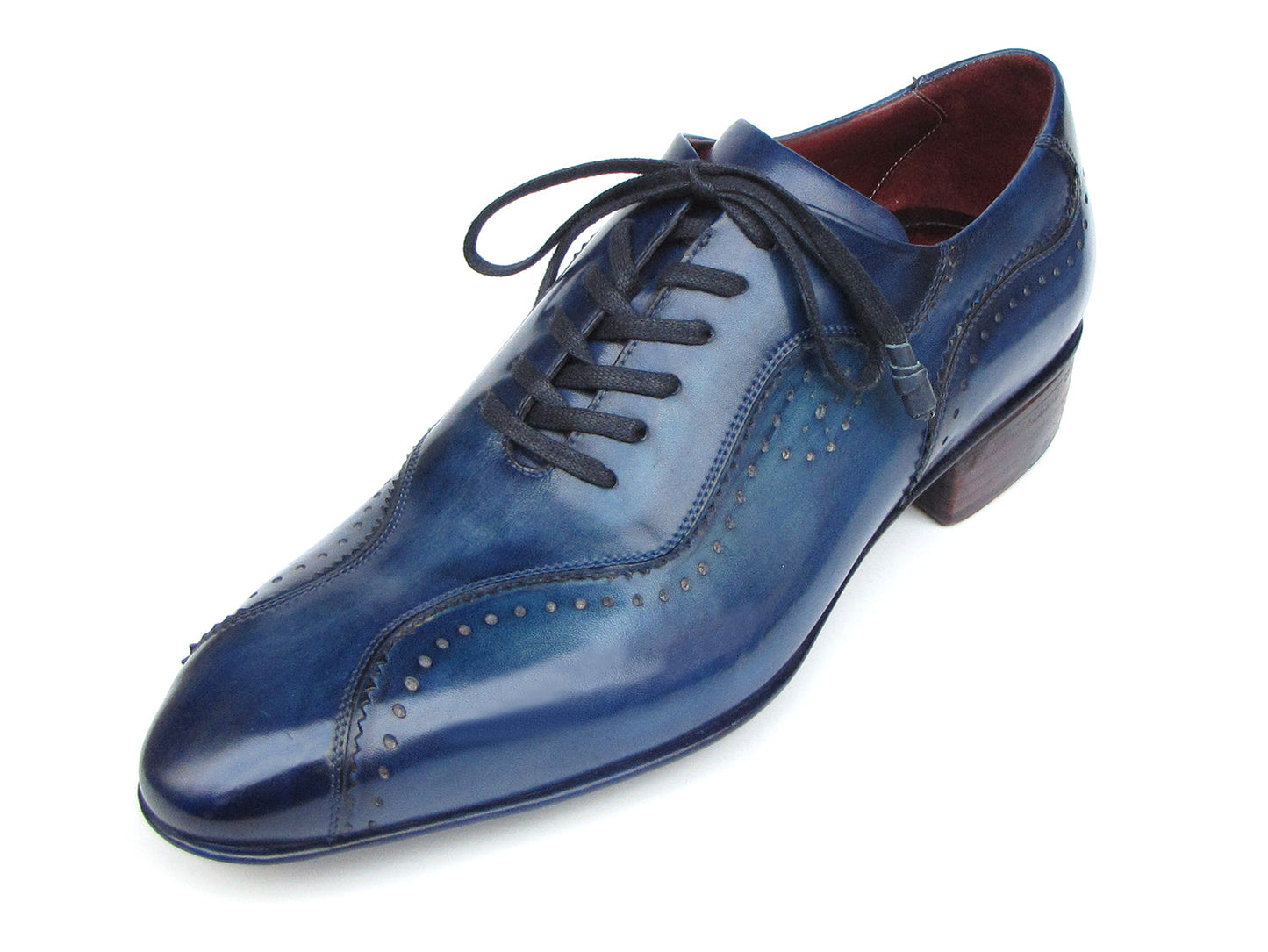 Paul Parkman Handmade Lace-Up Casual Shoes Blue - 84654-BLU: Elegant blue oxfords with brogue detailing, dark laces, and wooden heels, crafted from hand-painted Italian calfskin leather.