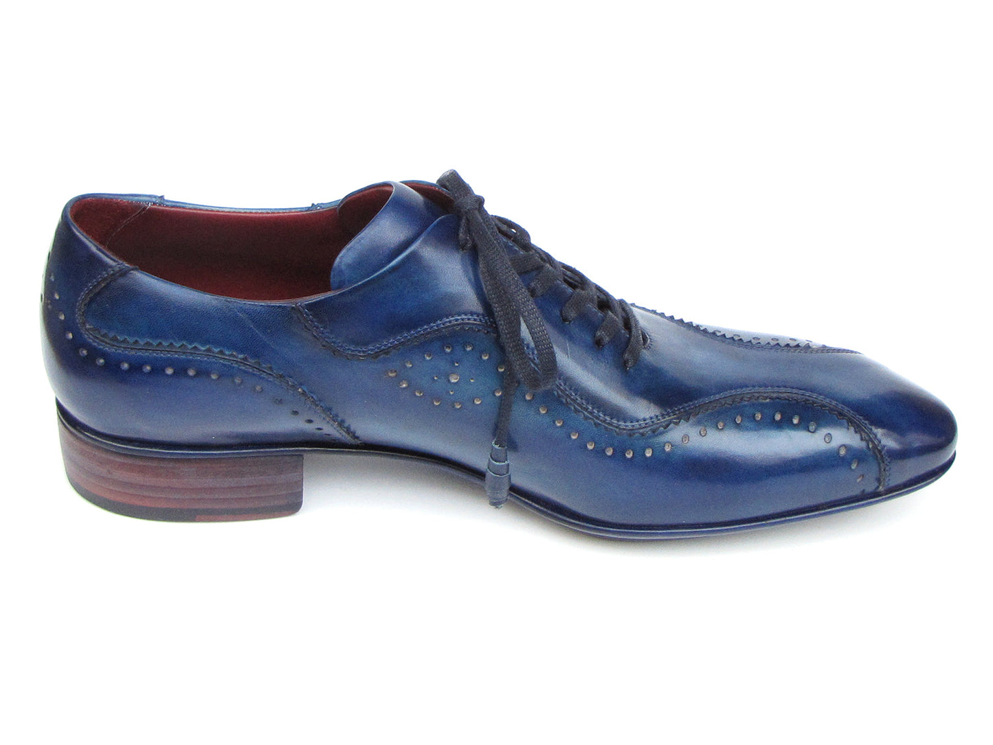 Paul Parkman Handmade Lace-Up Casual Shoes Blue - 84654-BLU: Elegant blue oxfords with brogue detailing, dark laces, and wooden heels, crafted from hand-painted Italian calfskin leather.
