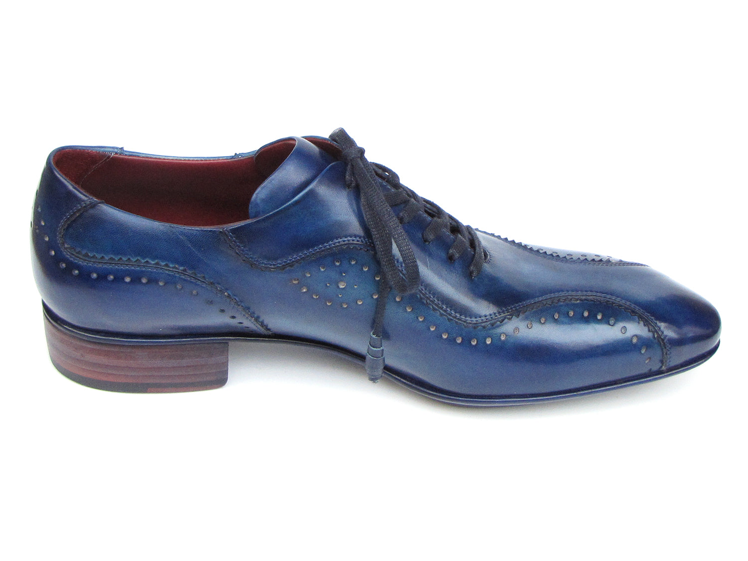Paul Parkman Handmade Lace-Up Casual Shoes Blue - 84654-BLU: Elegant blue oxfords with brogue detailing, dark laces, and wooden heels, crafted from hand-painted Italian calfskin leather.