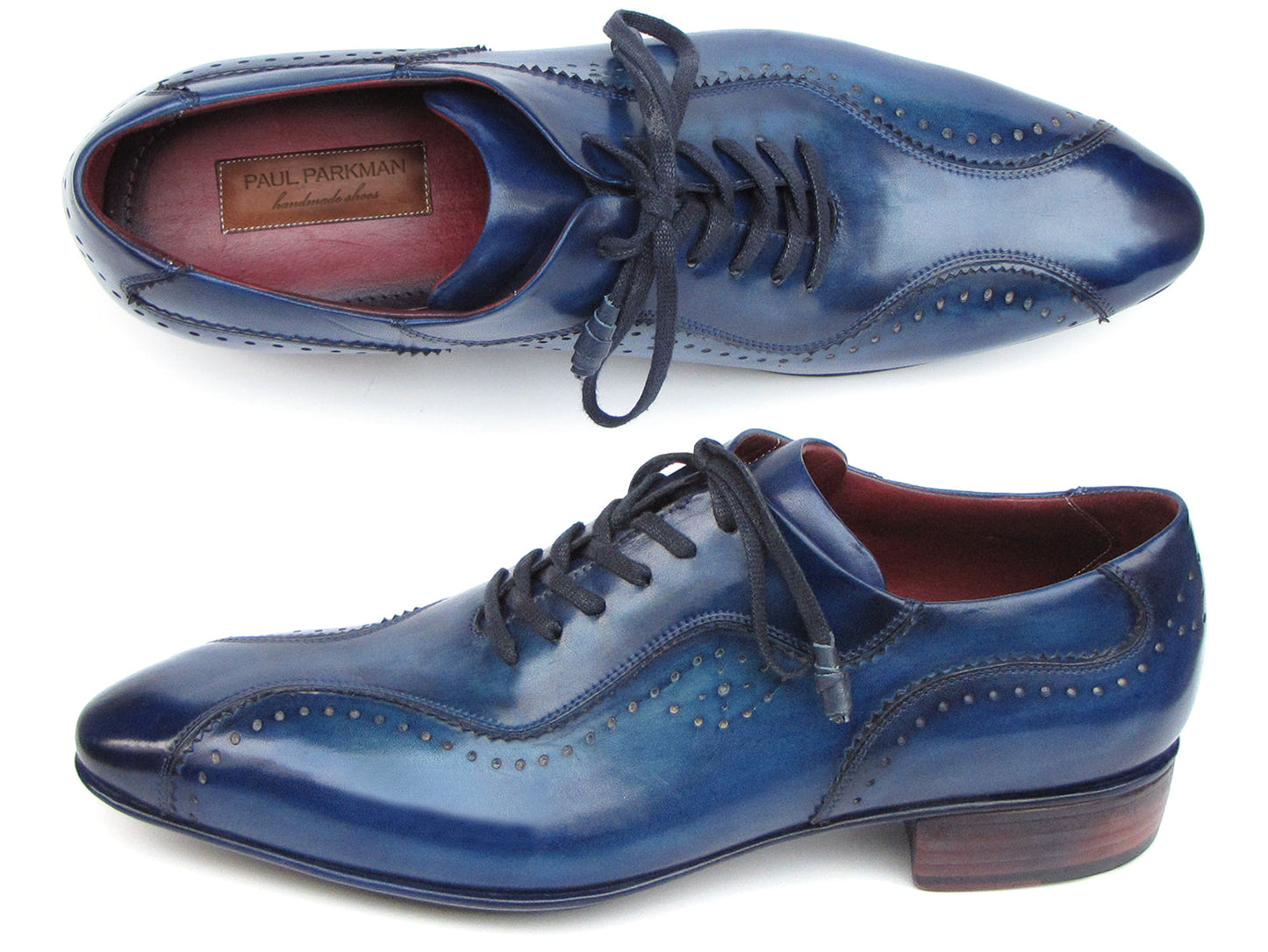 Paul Parkman Handmade Lace-Up Casual Shoes Blue - 84654-BLU: Elegant blue oxfords with brogue detailing, dark laces, and wooden heels, crafted from hand-painted Italian calfskin leather.