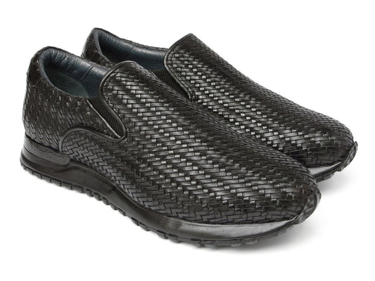 The Paul Parkman Men's Black Woven Leather Slip-On Sneakers - LW204BLK are black men's slip-on fashion sneakers with a woven pattern and durable rubber soles.