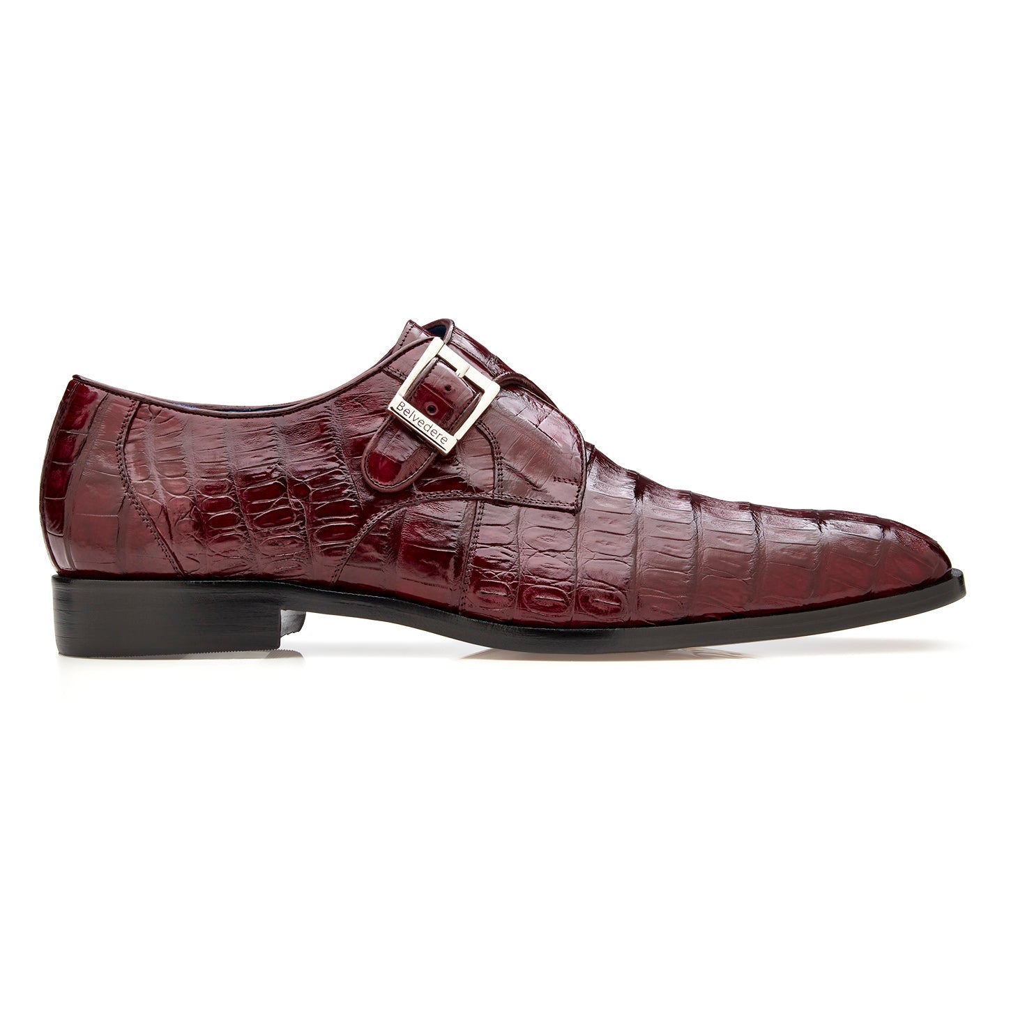 The BELVEDERE Angelo R99 is a single dark burgundy dress shoe in genuine Caiman crocodile leather with a silver buckle and leather sole, shown in side profile against a white background.