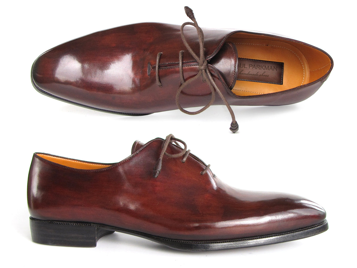 Paul Parkman Oxford Dress Shoes Brown & Bordeaux - 22T55: Polished handmade Oxfords by Paul Parkman, featuring laces, shown from side and top views.