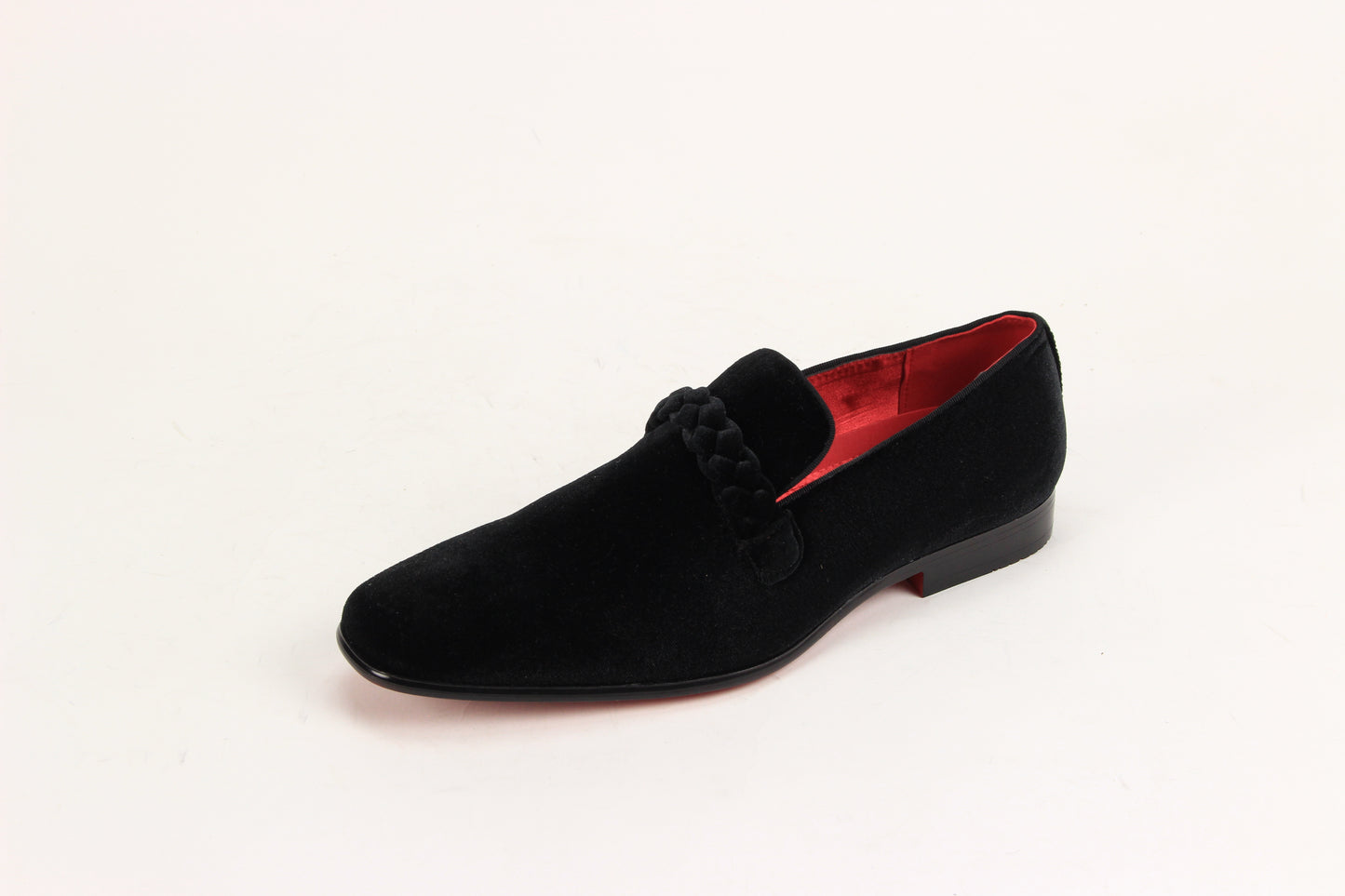 The AFTER MIDNIGHT After Midnight 7067 Black Dress Shoes feature a plain toe, braided strap detail, and red inner lining, shown on a white background.