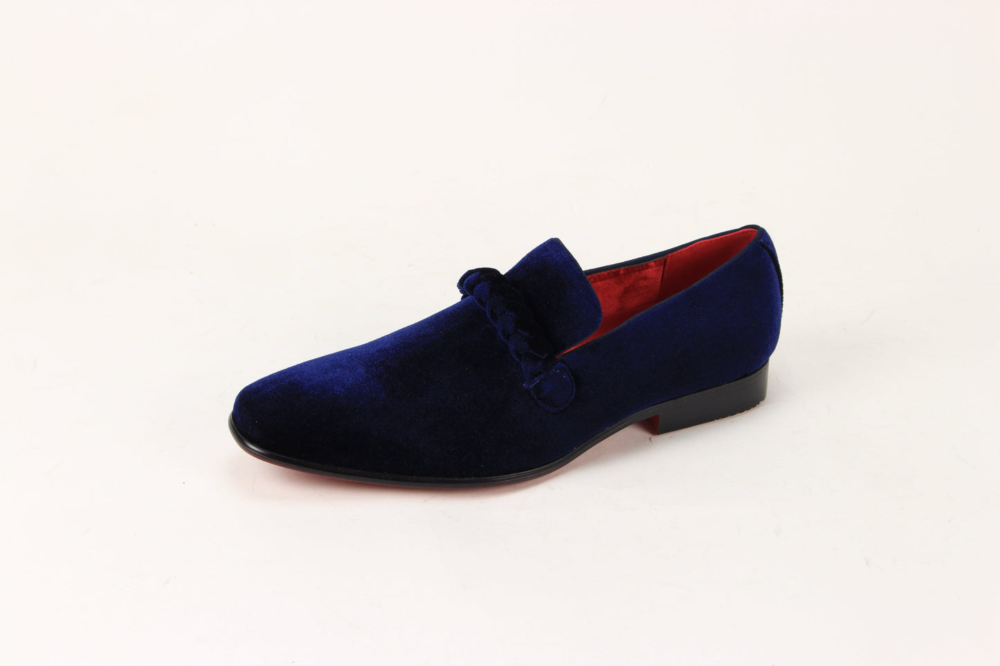 The After Midnight 7067 Navy Dress Shoes by AFTER MIDNIGHT feature a navy velvet upper with braided strap detail and a red insole adorned with a gold emblem.