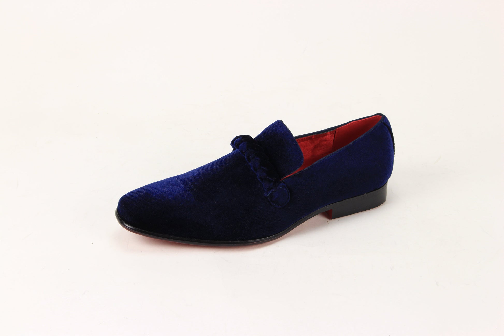 The After Midnight 7067 Navy Dress Shoes by AFTER MIDNIGHT feature a navy velvet upper with braided strap detail and a red insole adorned with a gold emblem.