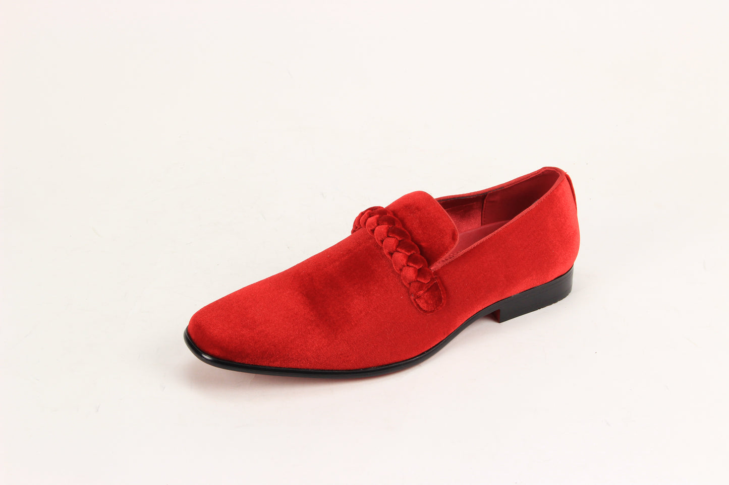 The AFTER MIDNIGHT After Midnight 7067 Fire Red Dress Shoe features a red velvet upper, braided strap detail, low black heel, and pointed toe, shown here as a single loafer against a white background.