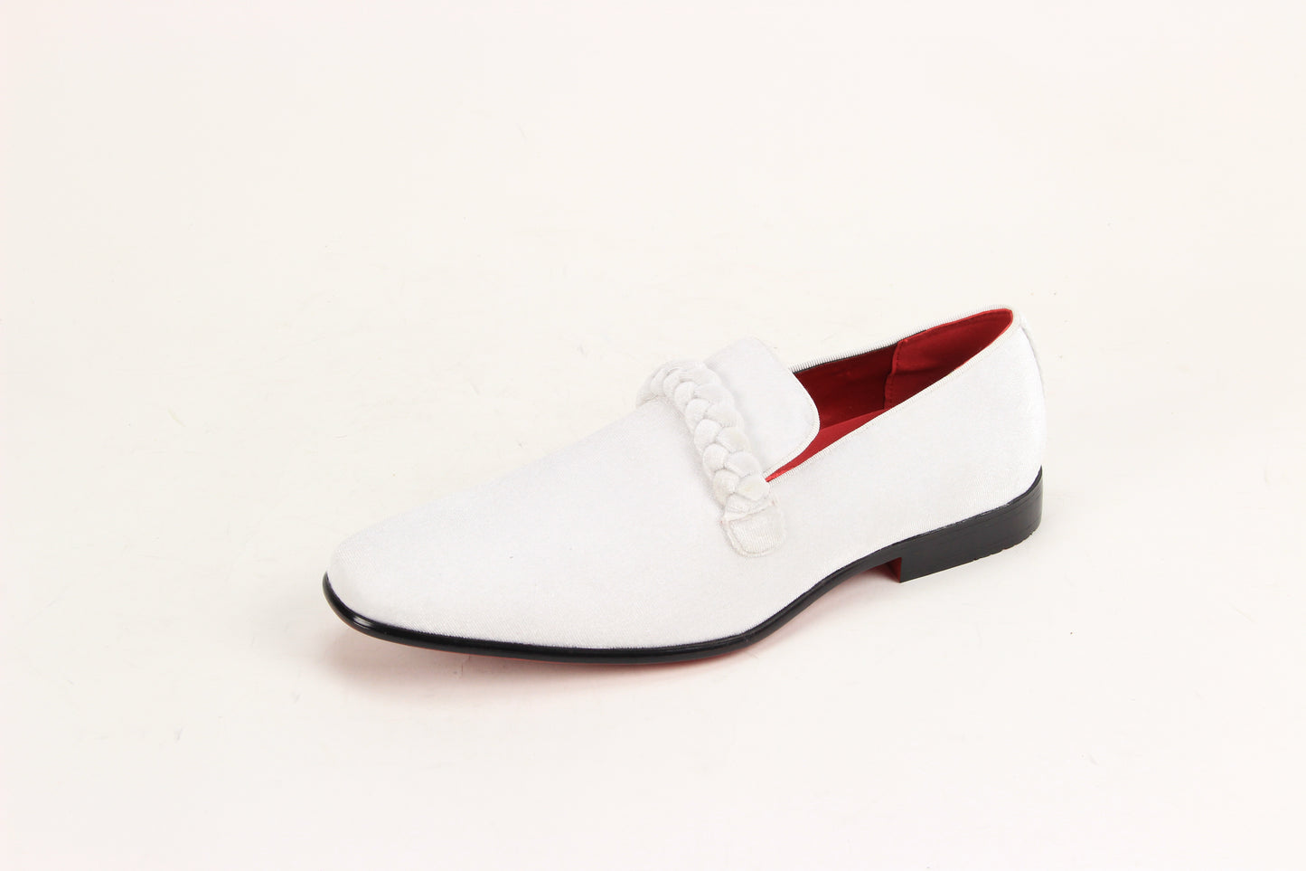 The AFTER MIDNIGHT After Midnight 7067 White Dress Shoe is a single white suede loafer with a braided strap, plain toe, black sole, and red interior lining.