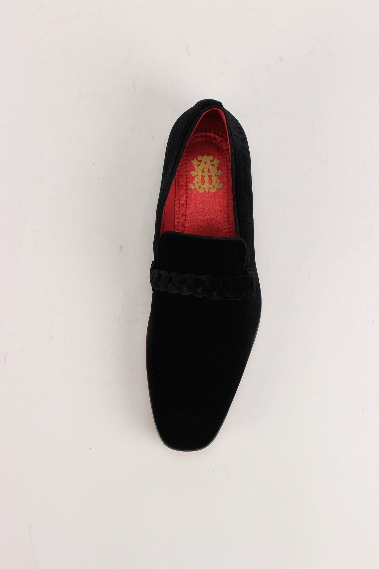 The AFTER MIDNIGHT After Midnight 7067 Black Dress Shoes feature a plain toe, braided strap detail, and red inner lining, shown on a white background.