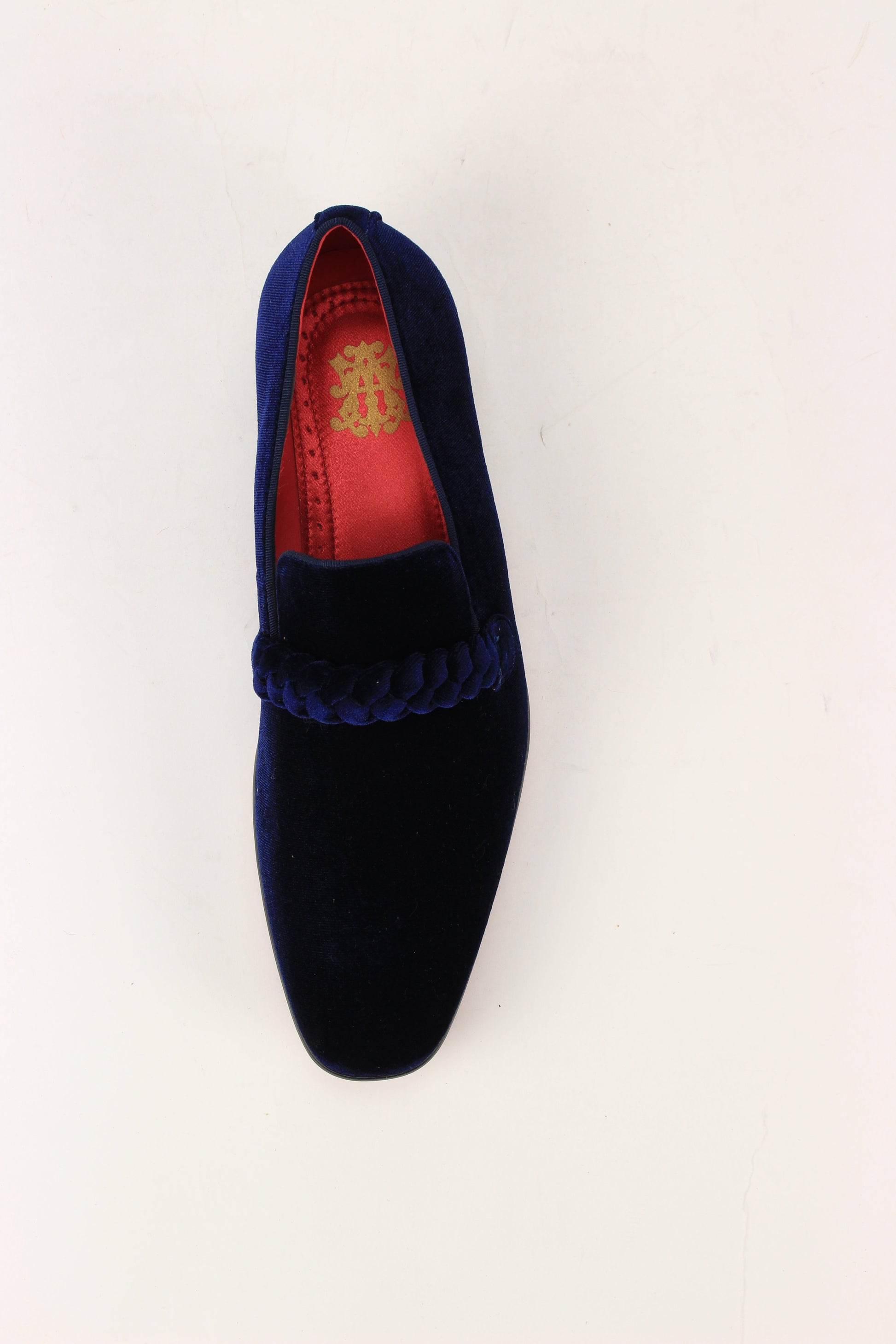 The After Midnight 7067 Navy Dress Shoes by AFTER MIDNIGHT feature a navy velvet upper with braided strap detail and a red insole adorned with a gold emblem.