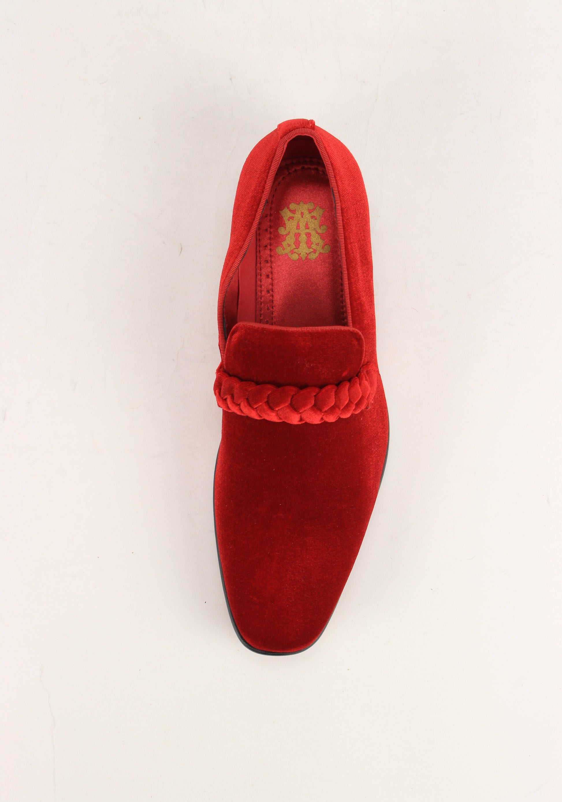 The AFTER MIDNIGHT After Midnight 7067 Fire Red Dress Shoe features a red velvet upper, braided strap detail, low black heel, and pointed toe, shown here as a single loafer against a white background.