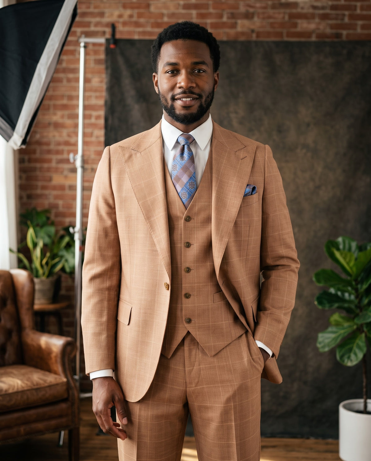 A man wearing a Tiglio Rosso Bardolino Semi Wide Leg TL26088 light rust windowpane three-piece suit, a white dress shirt, and a patterned blue tie.
