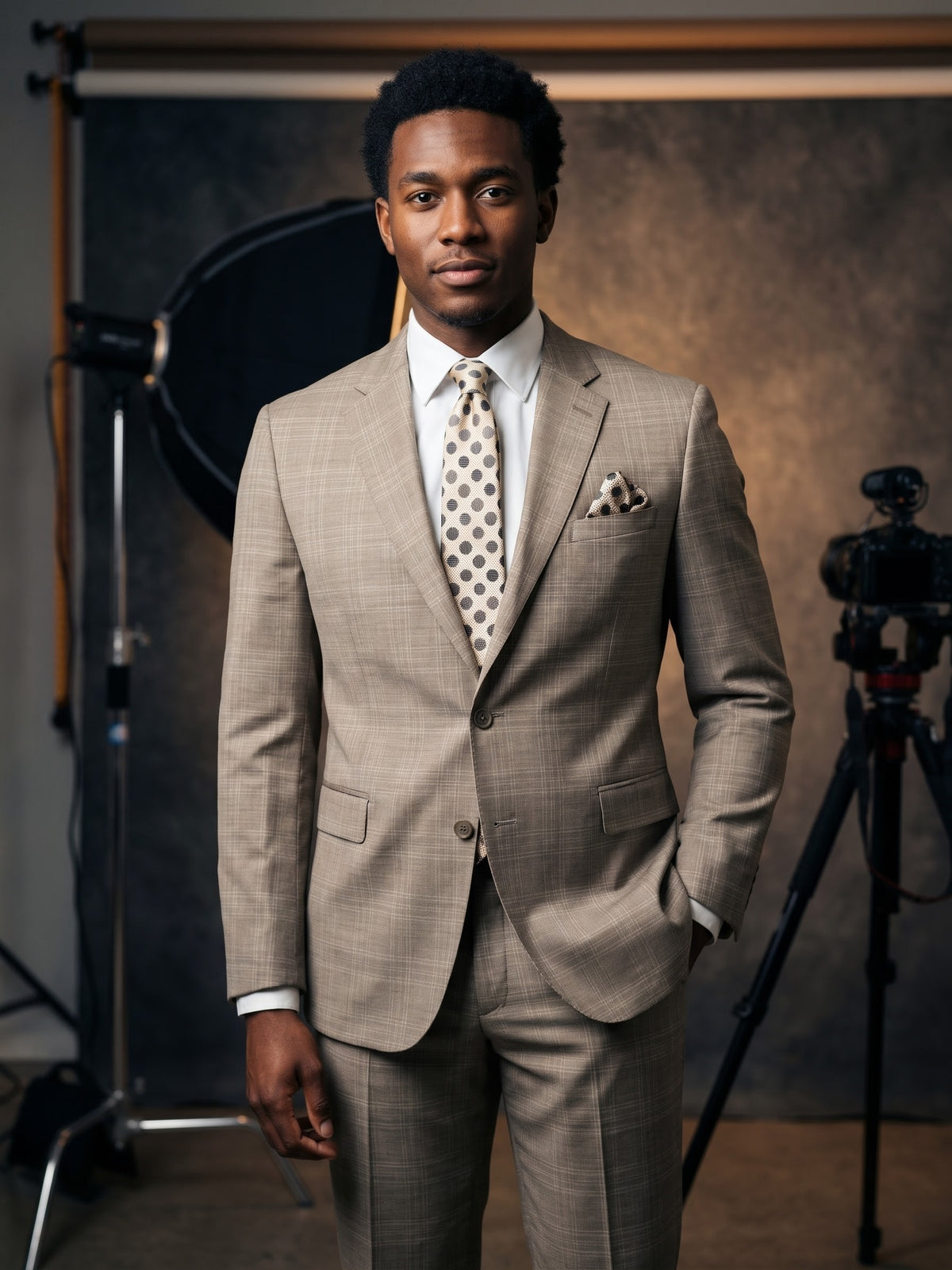 A man wearing a Tiglio Luxe Carri Modern Fit Wool Suit WS26519 Taupe/Grey Plaid, white shirt, and a spotted tie with a matching pocket square.