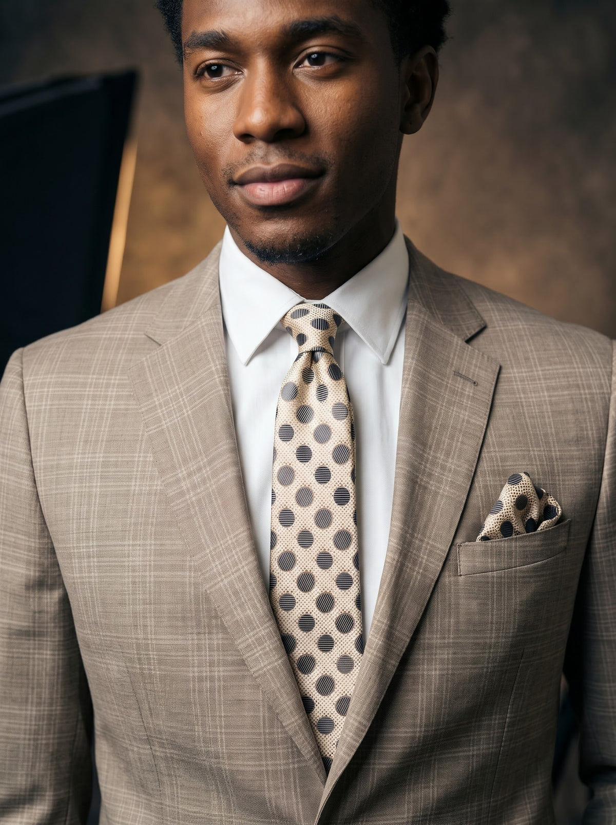 A man wearing a Tiglio Luxe Carri Modern Fit Wool Suit WS26519 Taupe/Grey Plaid, white shirt, and a spotted tie with a matching pocket square.