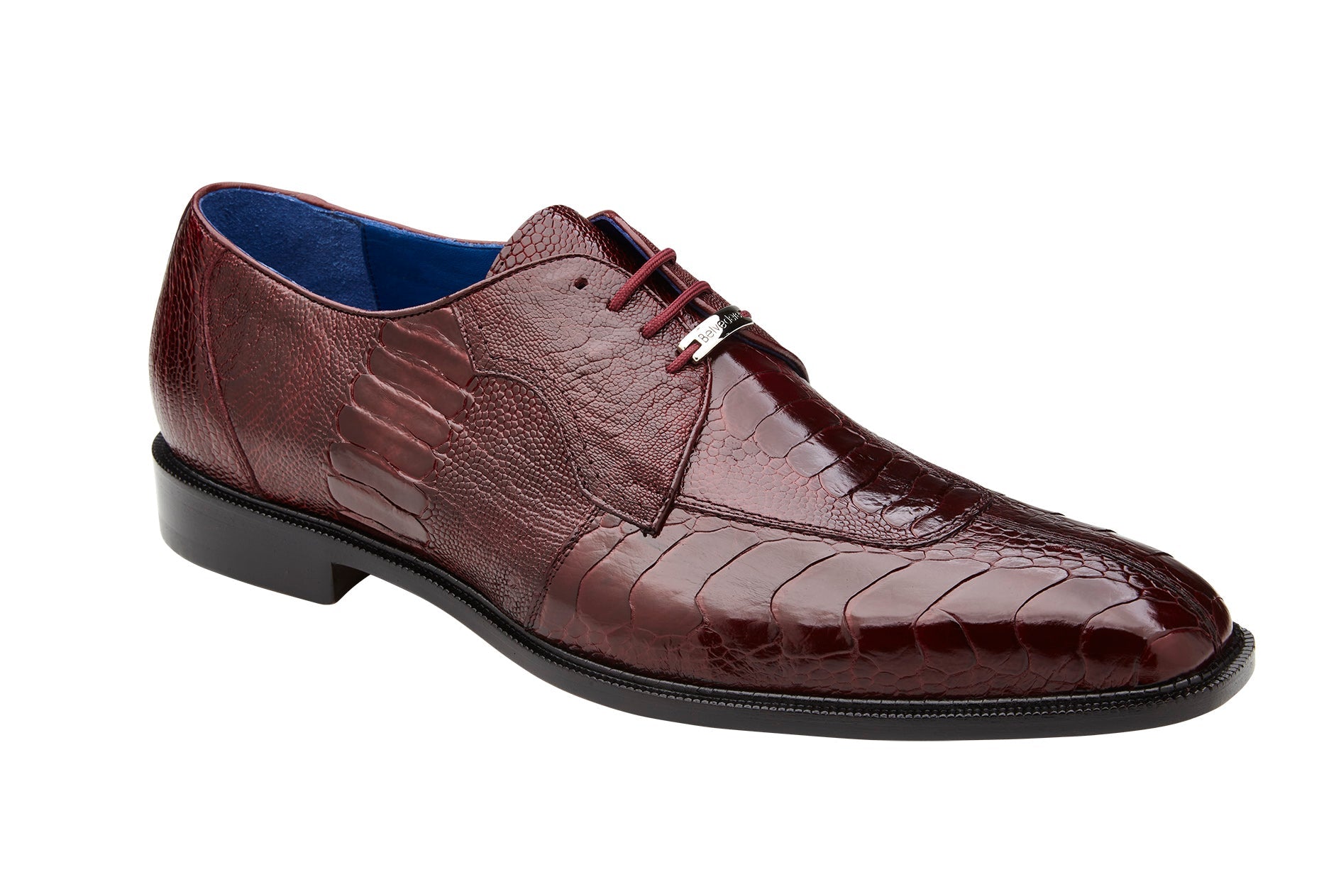 A side view of the BELVEDERE Siena dress shoe, genuine ostrich leg in dark burgundy (1463), featuring a textured pattern, moc toe design, and black sole against a white background.