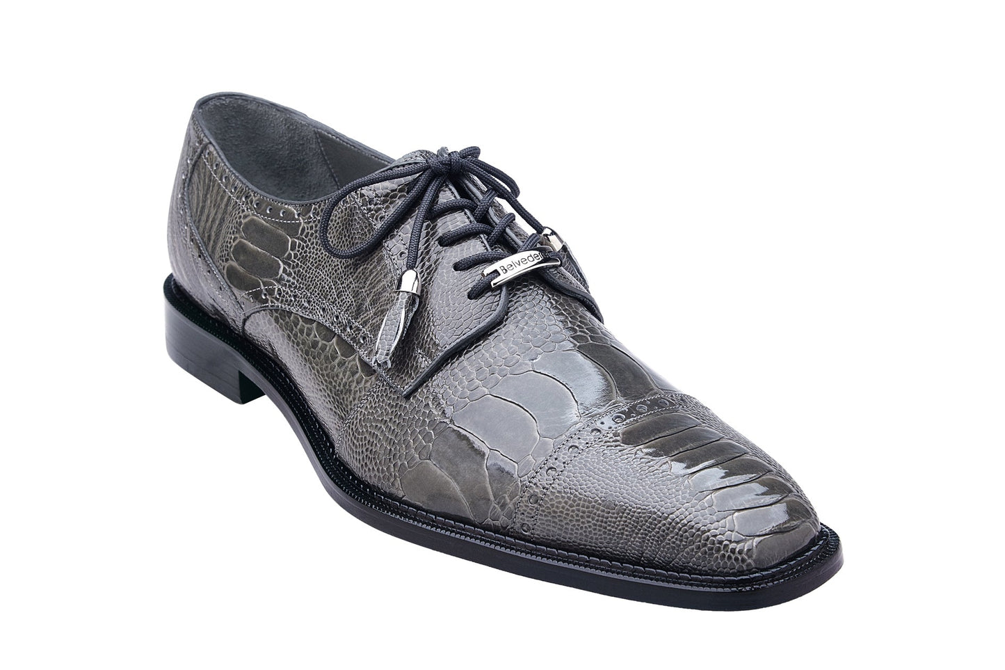 The BELVEDERE Batta is a gray genuine ostrich leather dress shoe (14006) with a cap toe, lace-up design, and low black heel, shown in a side view on a white background.