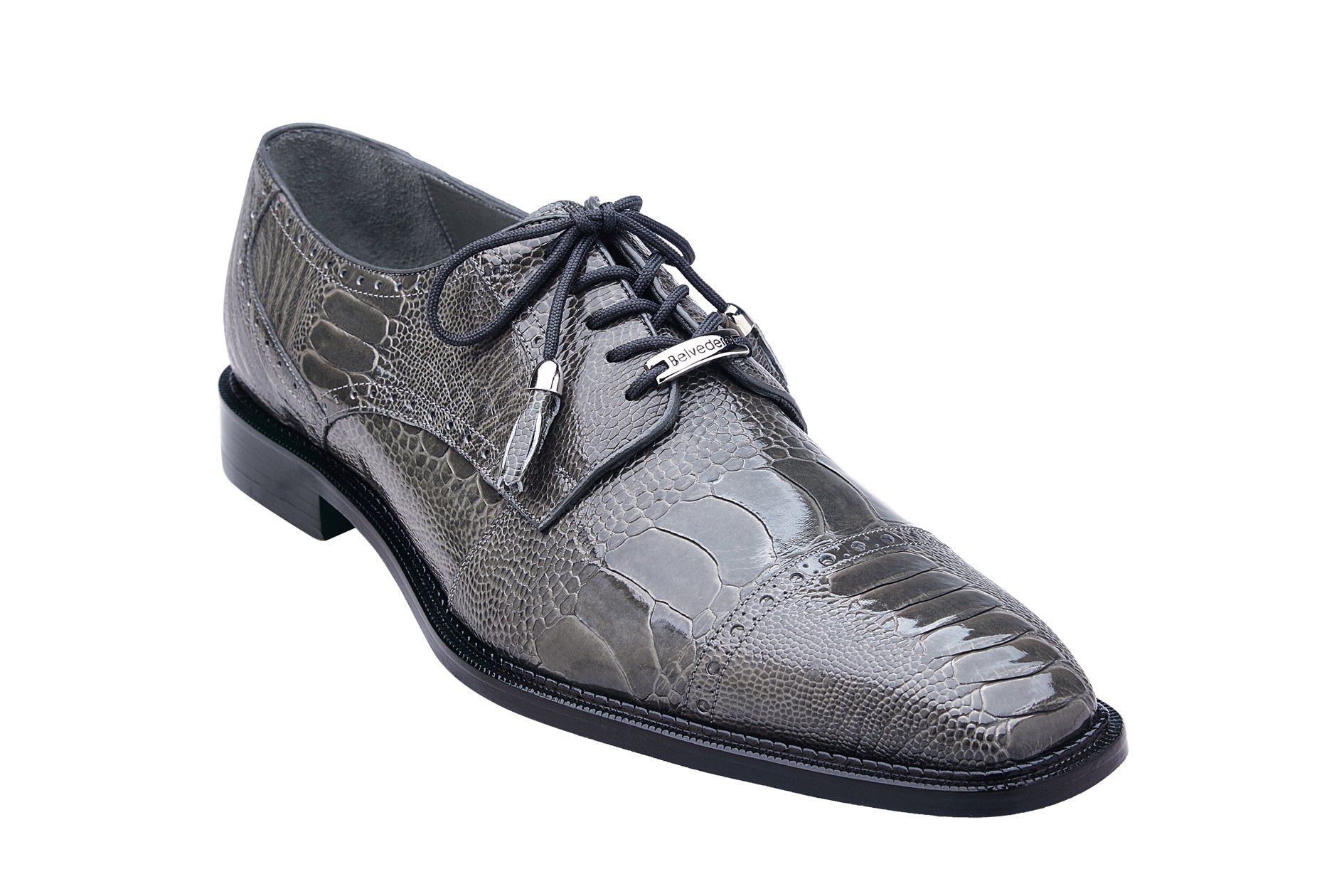 The BELVEDERE Batta is a gray genuine ostrich leather dress shoe (14006) with a cap toe, lace-up design, and low black heel, shown in a side view on a white background.