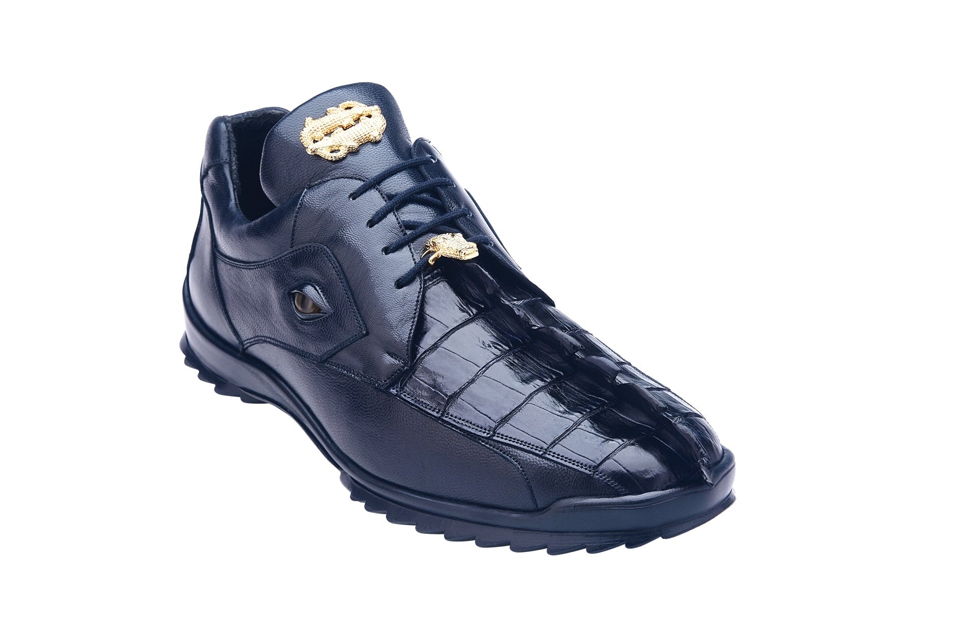 The BELVEDERE Vasco is a navy shoe crafted from genuine Hornback and soft Italian calf leather, featuring textured panels, a faux eye, gold accents, and a cushioned insole for comfort.