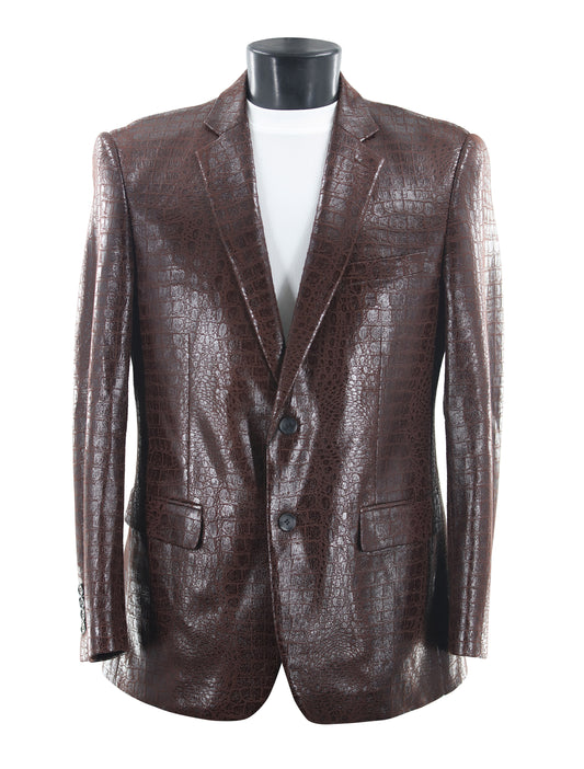 The Bassiri Blazer J1041-Brown features a brown faux crocodile skin finish, two buttons, notch lapels, and front pockets, shown on a mannequin with a white shirt.