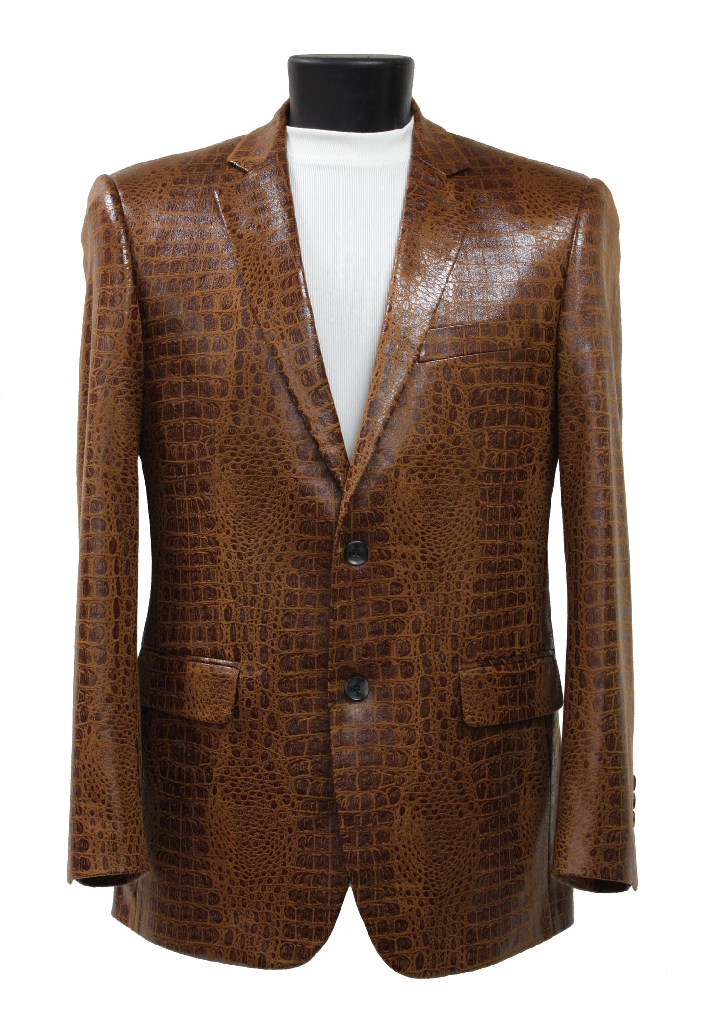 The Bassiri Blazer J1041-Cognac by Bassiri features a brown crocodile-patterned design with two buttons, shown over a white mock-neck shirt on a black mannequin torso.