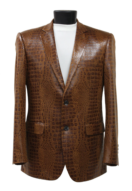 The Bassiri Blazer J1041-Cognac by Bassiri features a brown crocodile-patterned design with two buttons, shown over a white mock-neck shirt on a black mannequin torso.