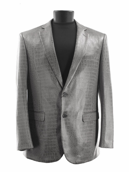 A Bassiri Blazer J1041-Grey by Bassiri, featuring a silver crocodile pattern, is showcased on a mannequin paired with a plain black turtleneck.