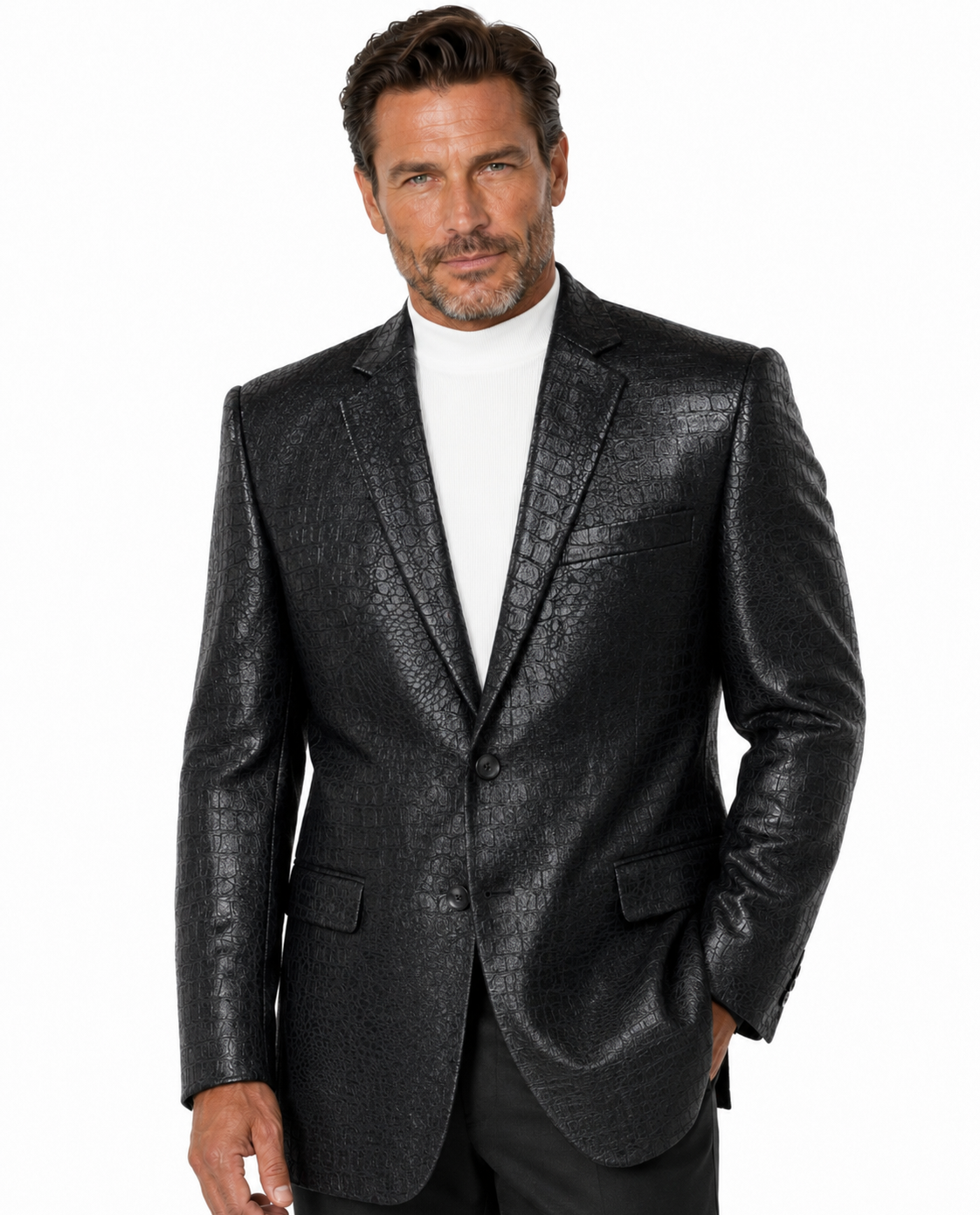 The Bassiri Blazer J1041-Black by Bassiri features a striking crocodile-textured pattern, shown on a mannequin dressed in a crisp white turtleneck.