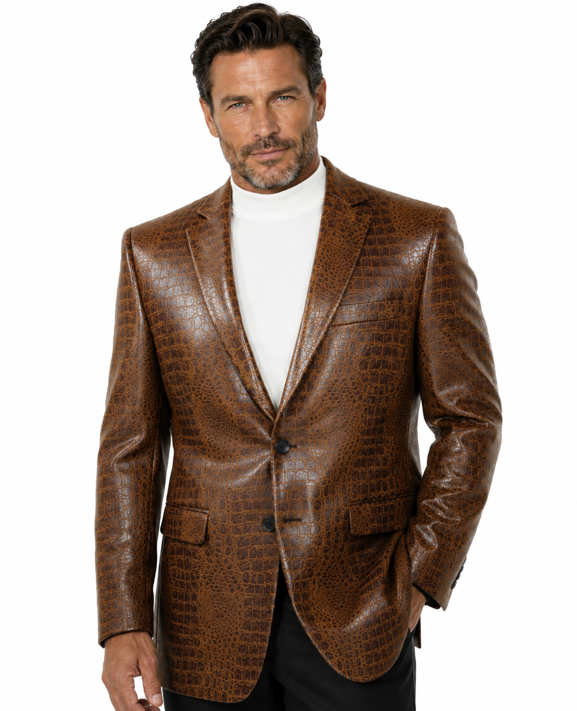 The Bassiri Blazer J1041-Cognac by Bassiri features a brown crocodile-patterned design with two buttons, shown over a white mock-neck shirt on a black mannequin torso.