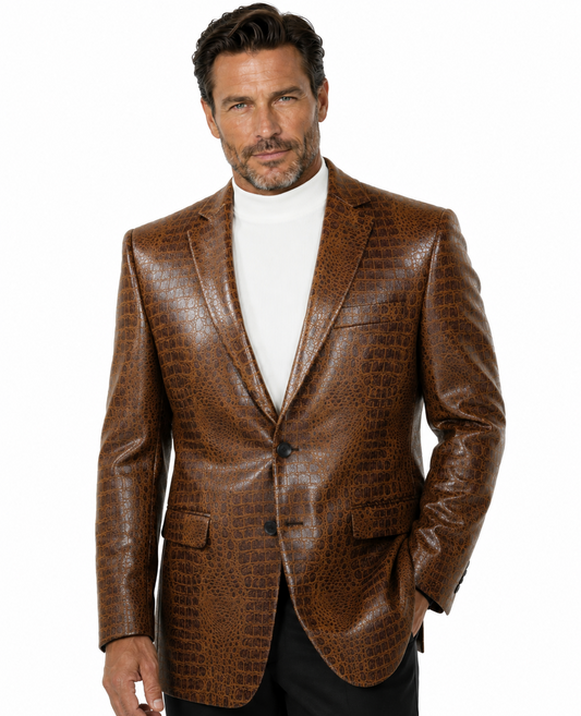 The Bassiri Blazer J1041-Cognac by Bassiri features a brown crocodile-patterned design with two buttons, shown over a white mock-neck shirt on a black mannequin torso.
