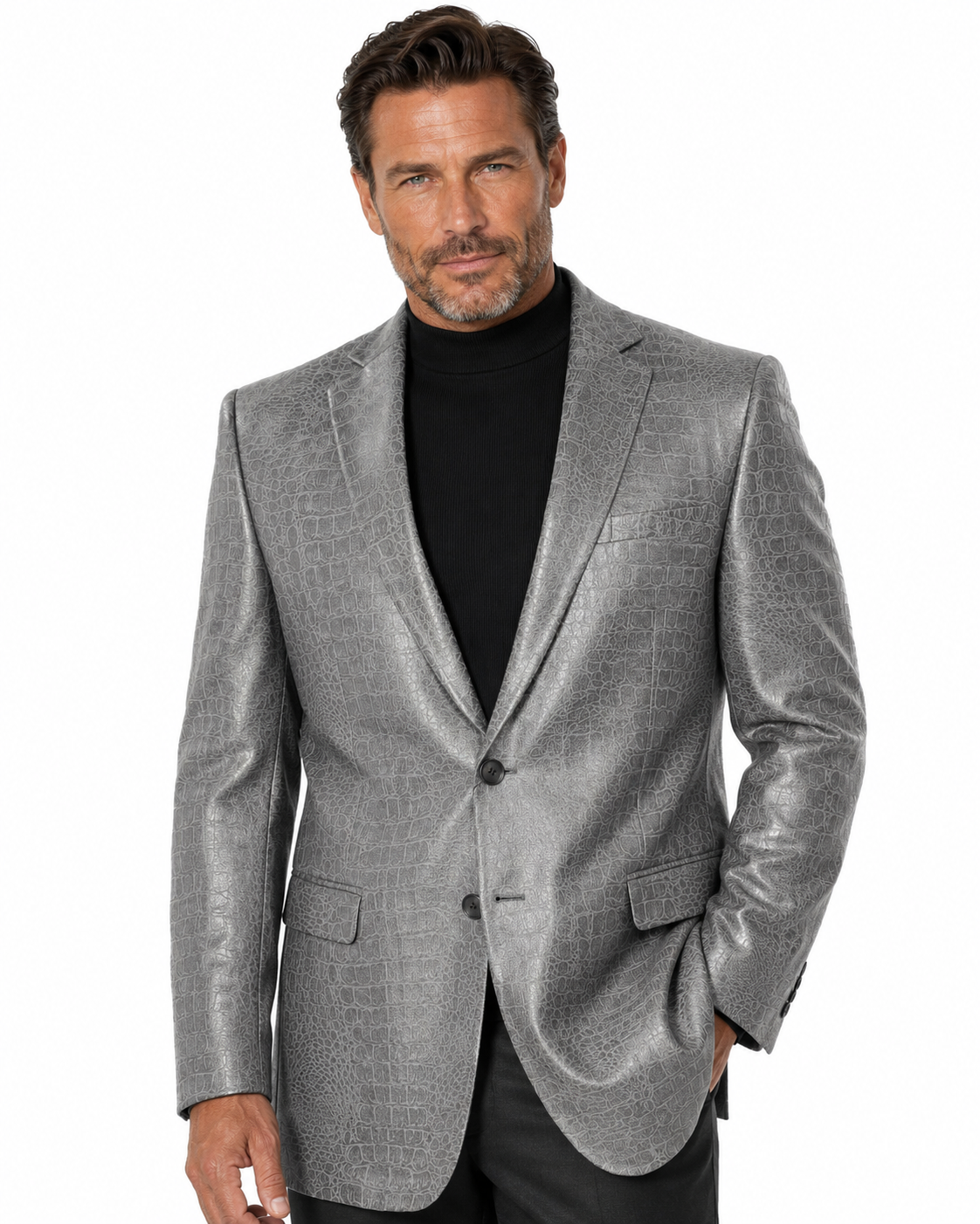 A Bassiri Blazer J1041-Grey by Bassiri, featuring a silver crocodile pattern, is showcased on a mannequin paired with a plain black turtleneck.