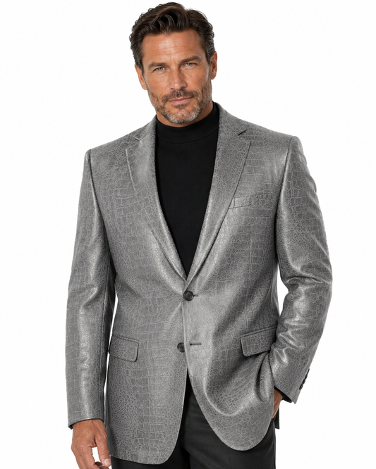 A Bassiri Blazer J1041-Grey by Bassiri, featuring a silver crocodile pattern, is showcased on a mannequin paired with a plain black turtleneck.