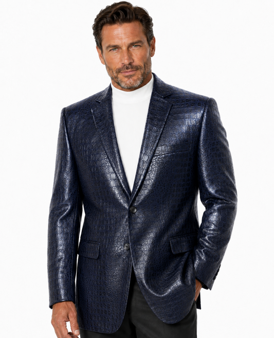 A shiny, dark blue Bassiri Blazer J1041-Navy with a crocodile pattern, shown on a black mannequin wearing a white shirt.