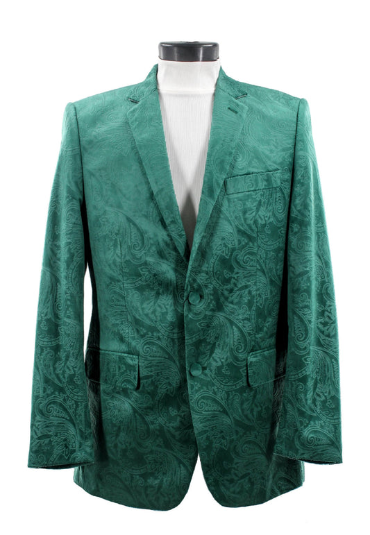 The Bassiri Blazer J1044-H Green by Bassiri, featuring a paisley pattern, two buttons, notch lapels, and front pockets, is displayed on a mannequin torso.