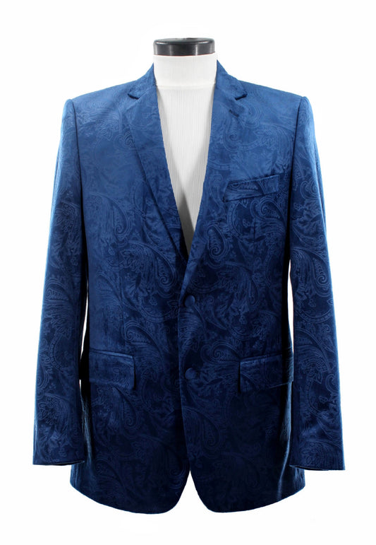 A striking Bassiri Blazer J1044-M Blue with a paisley pattern is displayed on a mannequin, paired with a crisp white turtleneck underneath.