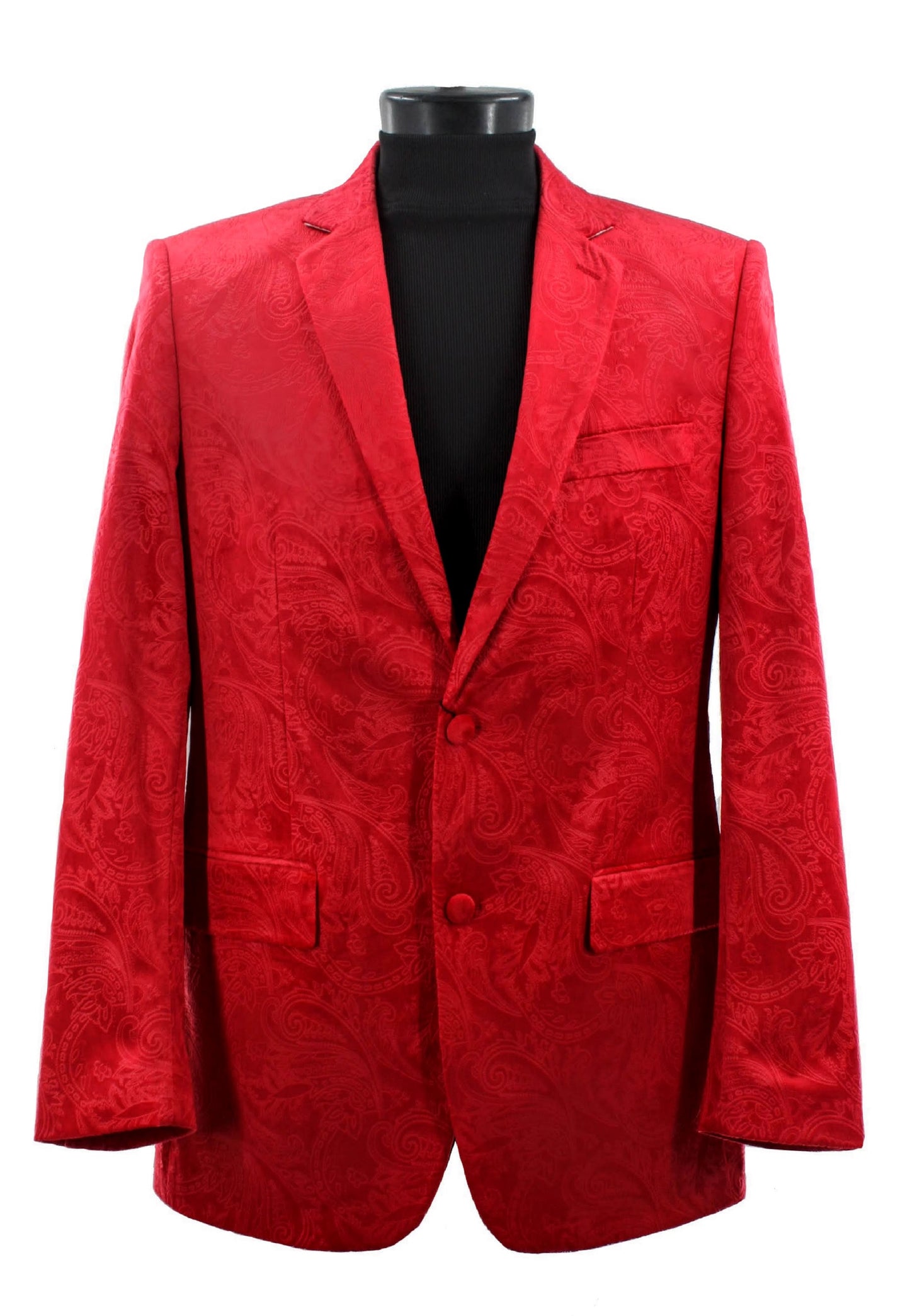 A Bassiri Blazer J1044-Red in a red paisley pattern, shown front view on a mannequin with a black shirt, features two buttons and two front pockets.